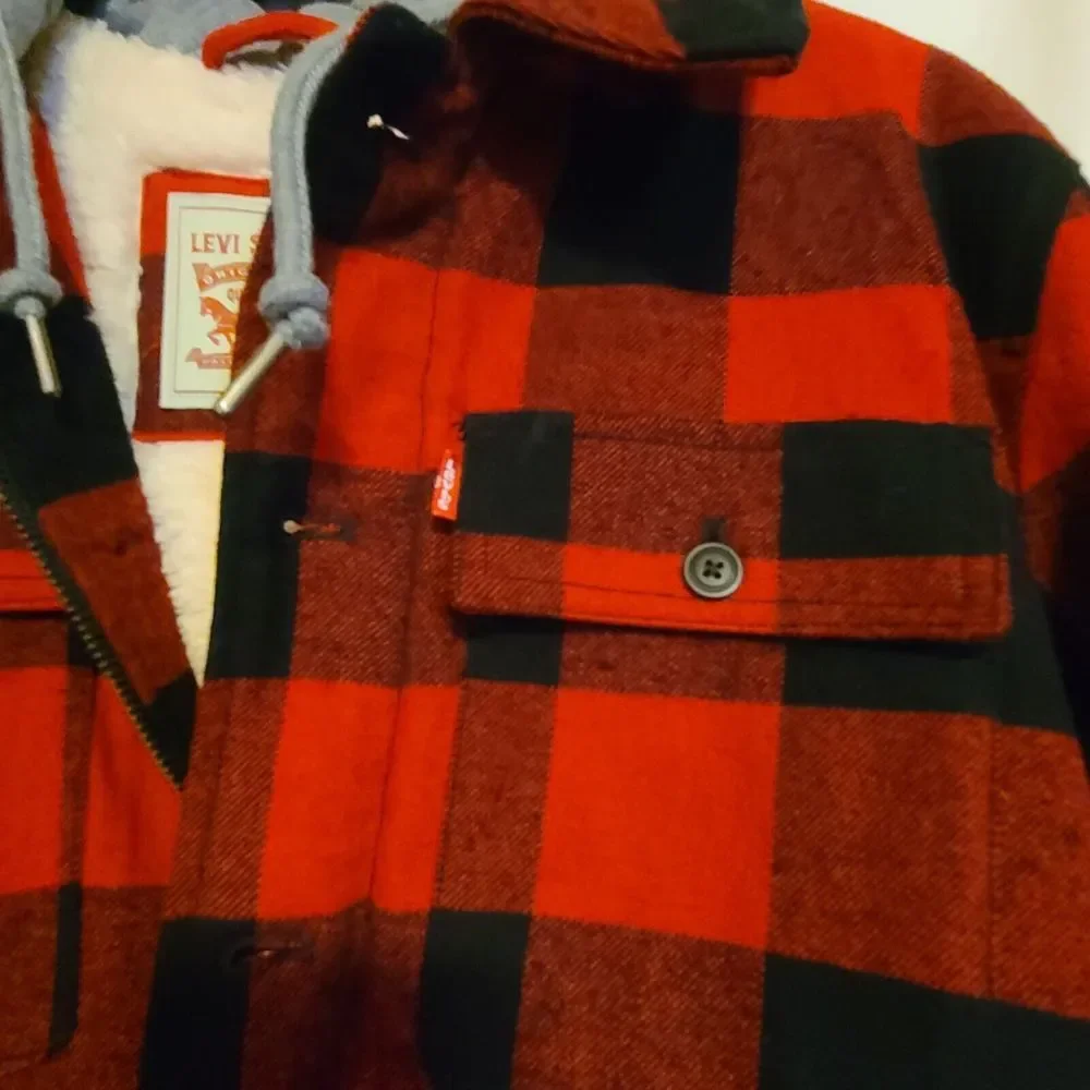 Levi's Mens Plaid Sherpa Lined Hooded‎ Shirt Jacket Small Red Buffalo